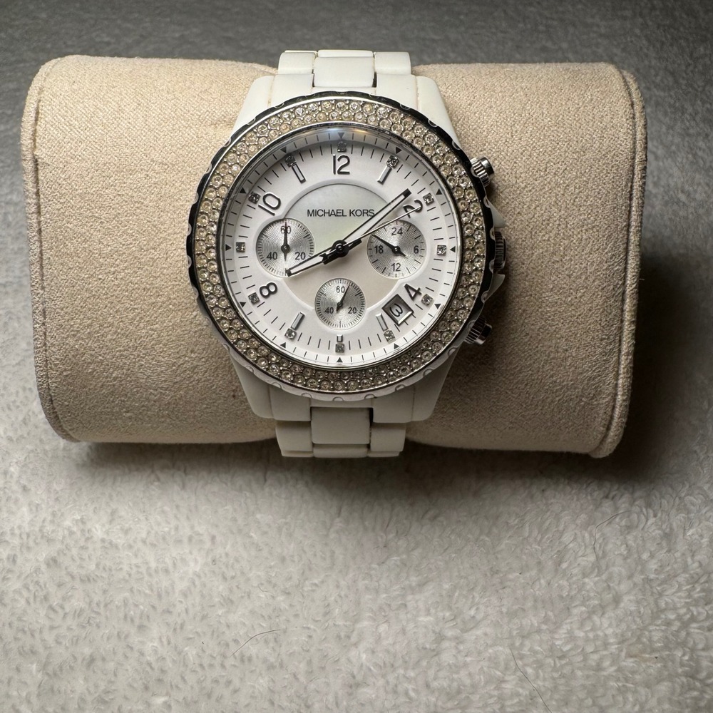 Michael Kors MK-5300 White Chronograph Watch Crystal Bezel Womens Luxury Sport